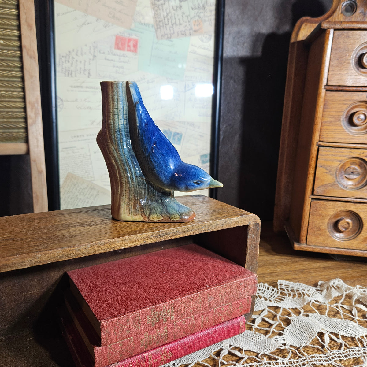 Bluebird Tree Stump Ceramic Bud Vase