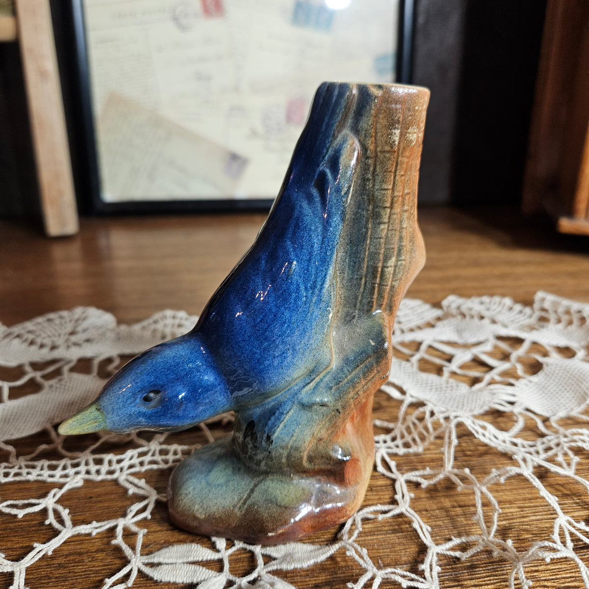 Bluebird Tree Stump Ceramic Bud Vase