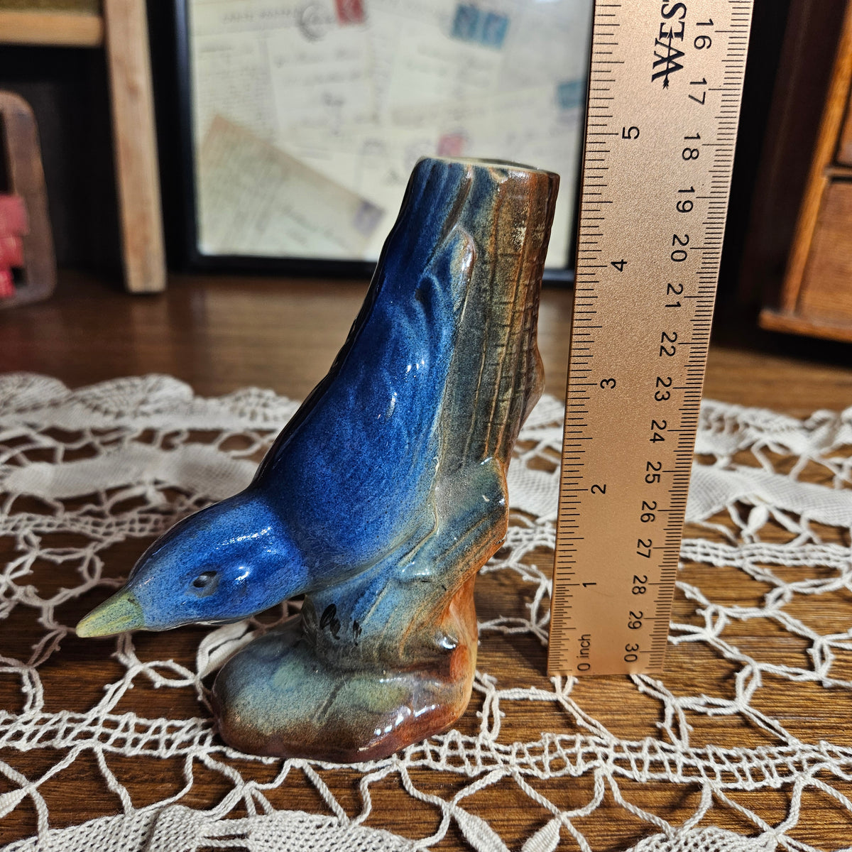 Bluebird Tree Stump Ceramic Bud Vase
