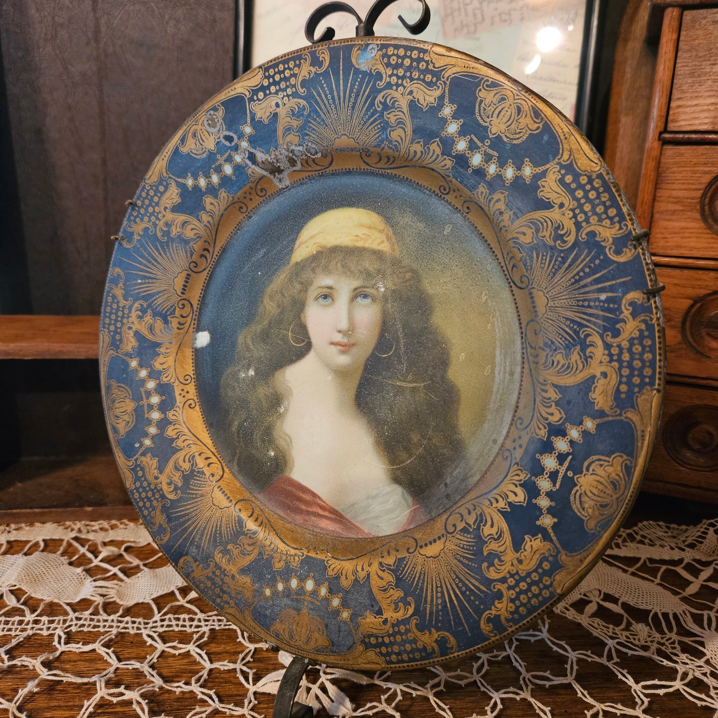 1905 Antique Portrait Tin Tray | Blue & Gold Victorian Lady