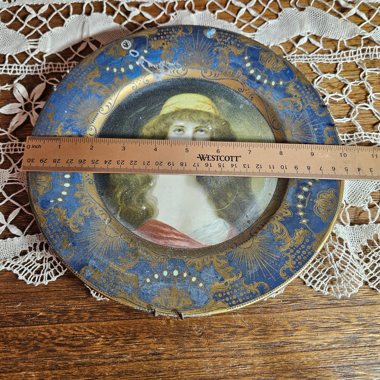 1905 Antique Portrait Tin Tray | Blue & Gold Victorian Lady