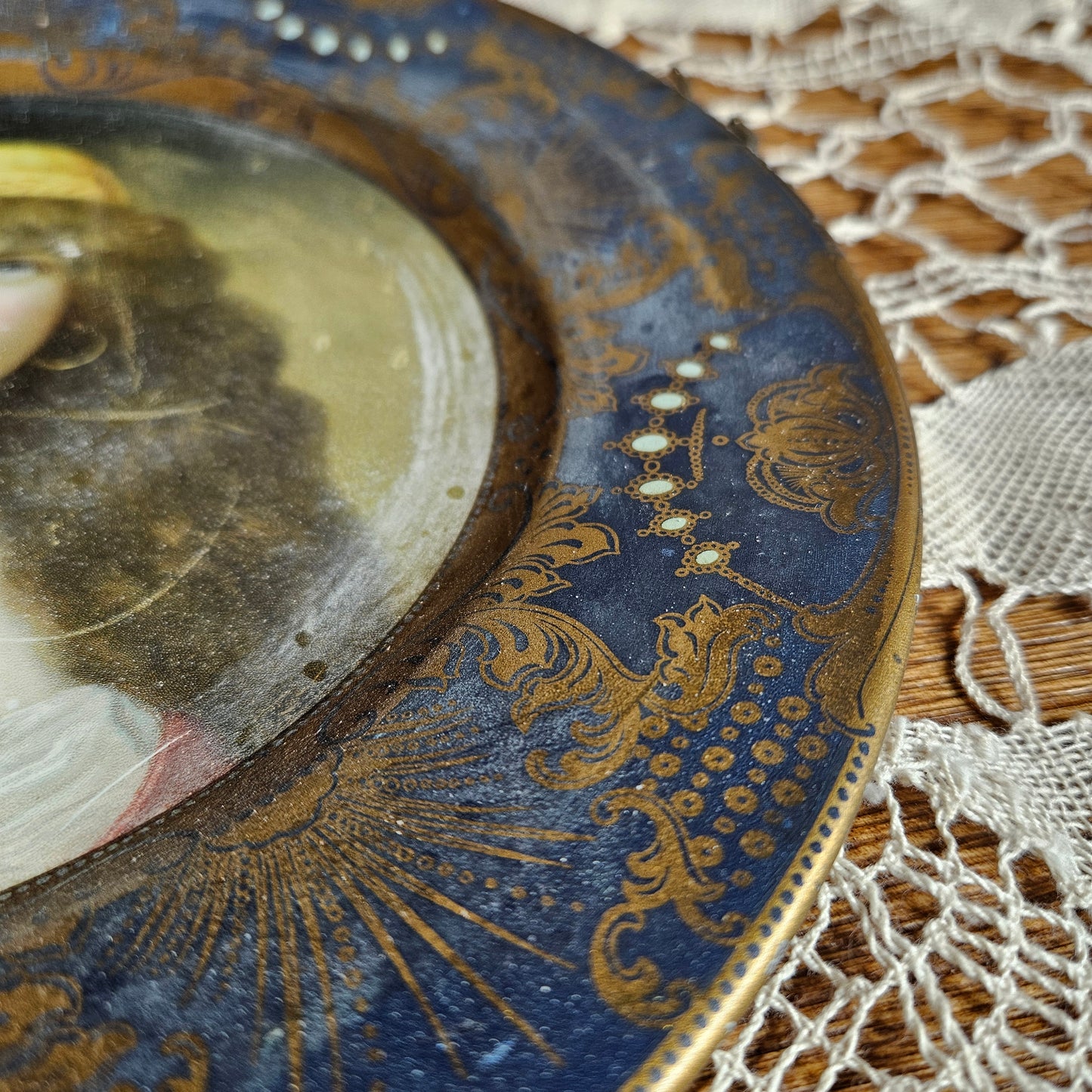 1905 Antique Portrait Tin Tray | Blue & Gold Victorian Lady