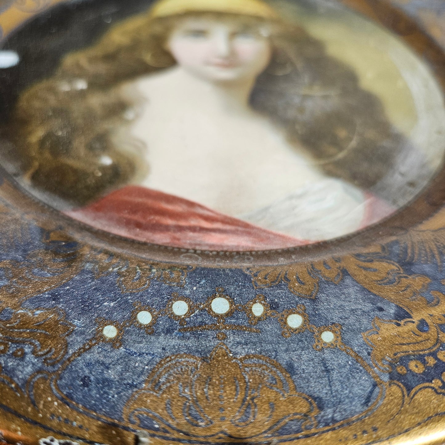 1905 Antique Portrait Tin Tray | Blue & Gold Victorian Lady