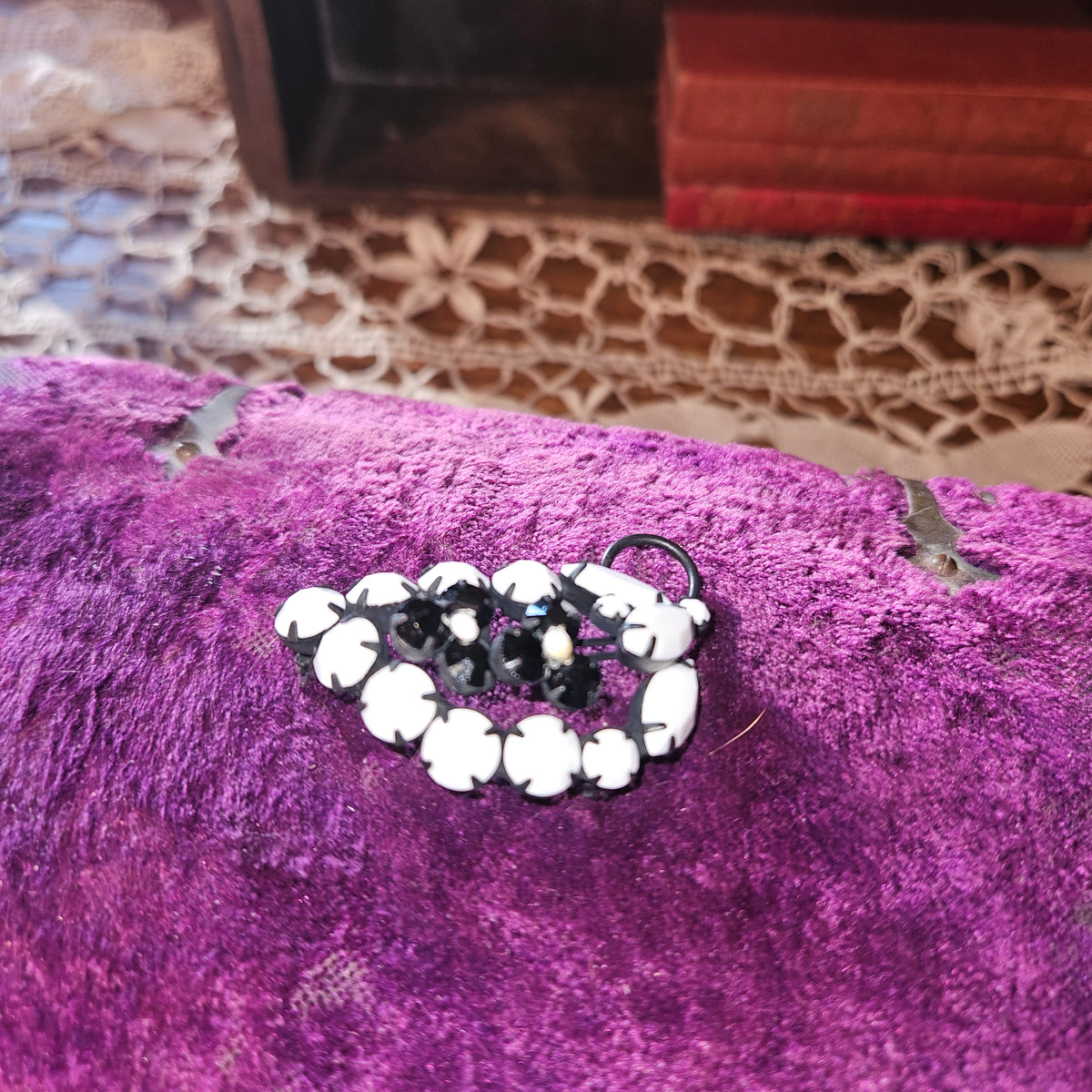 Black and White Rhinestone Floral Brooch
