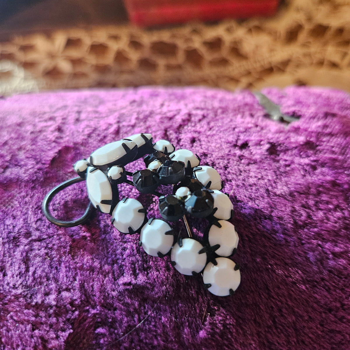 Black and White Rhinestone Floral Brooch