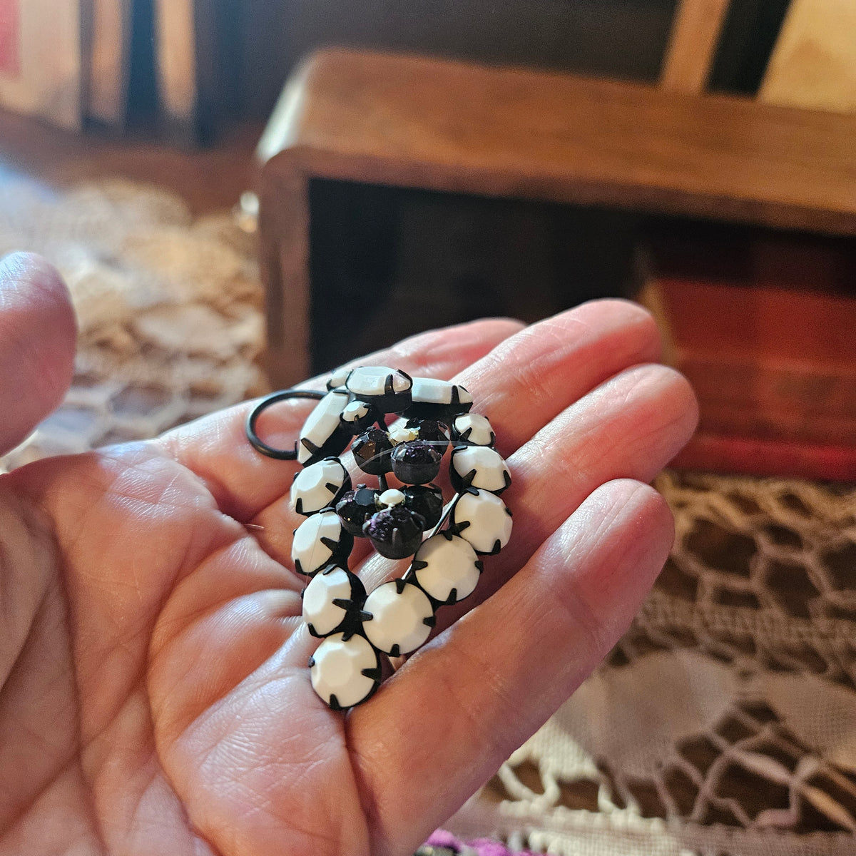 Black and White Rhinestone Floral Brooch