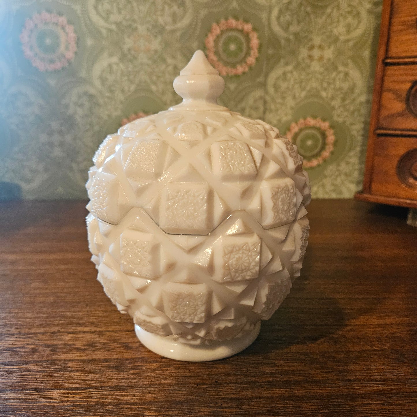 Westmorelan Old Quilt Milk Glass Covered Candy Dish