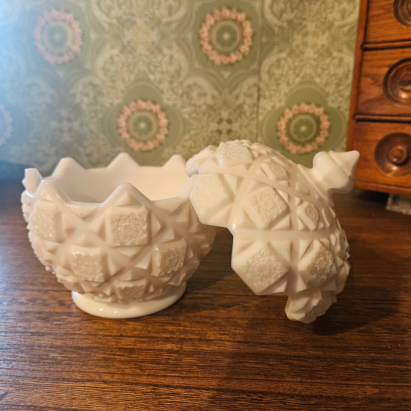 Westmorelan Old Quilt Milk Glass Covered Candy Dish