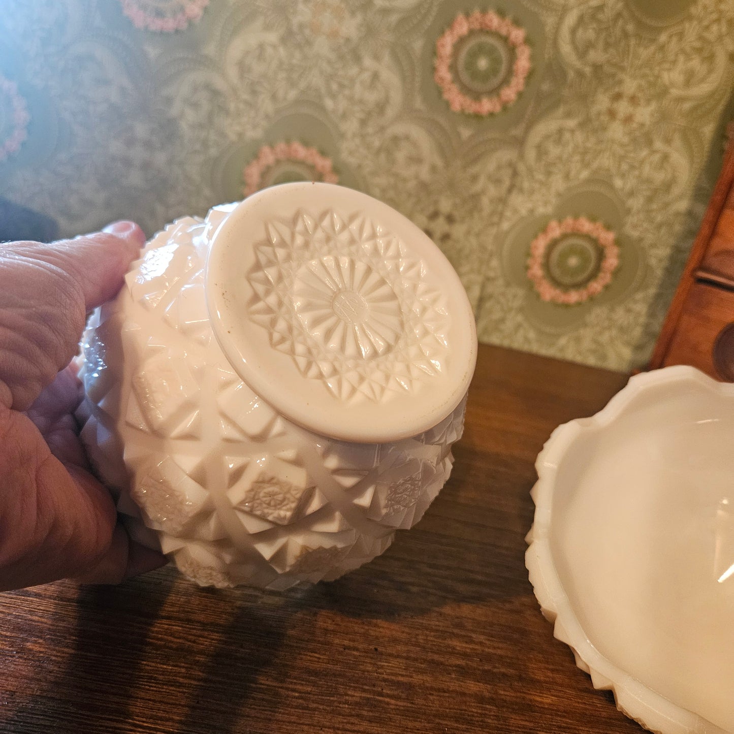 Westmorelan Old Quilt Milk Glass Covered Candy Dish