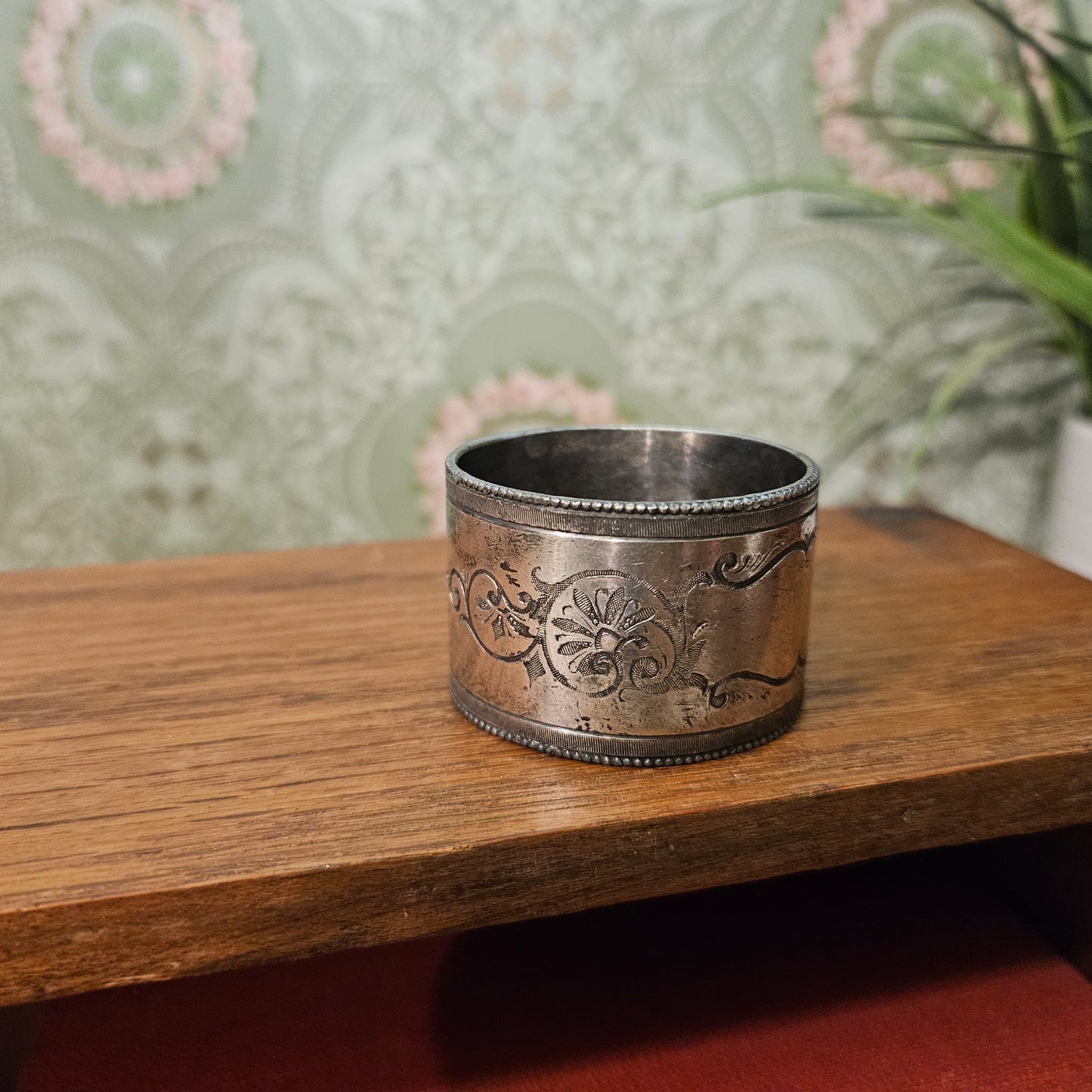Engraved Floral Beaded Silver-Tone Napkin Ring