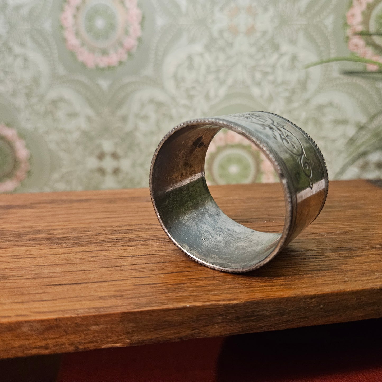 Engraved Floral Beaded Silver-Tone Napkin Ring