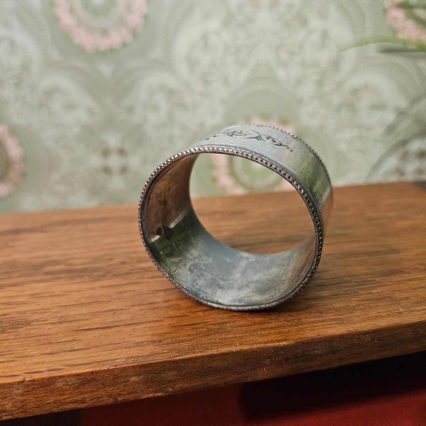 Engraved Floral Beaded Silver-Tone Napkin Ring