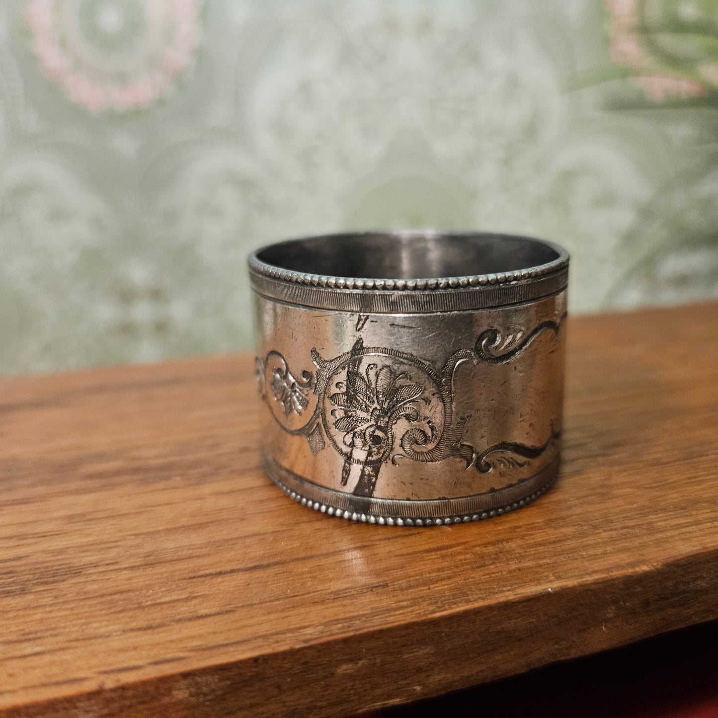 Engraved Floral Beaded Silver-Tone Napkin Ring