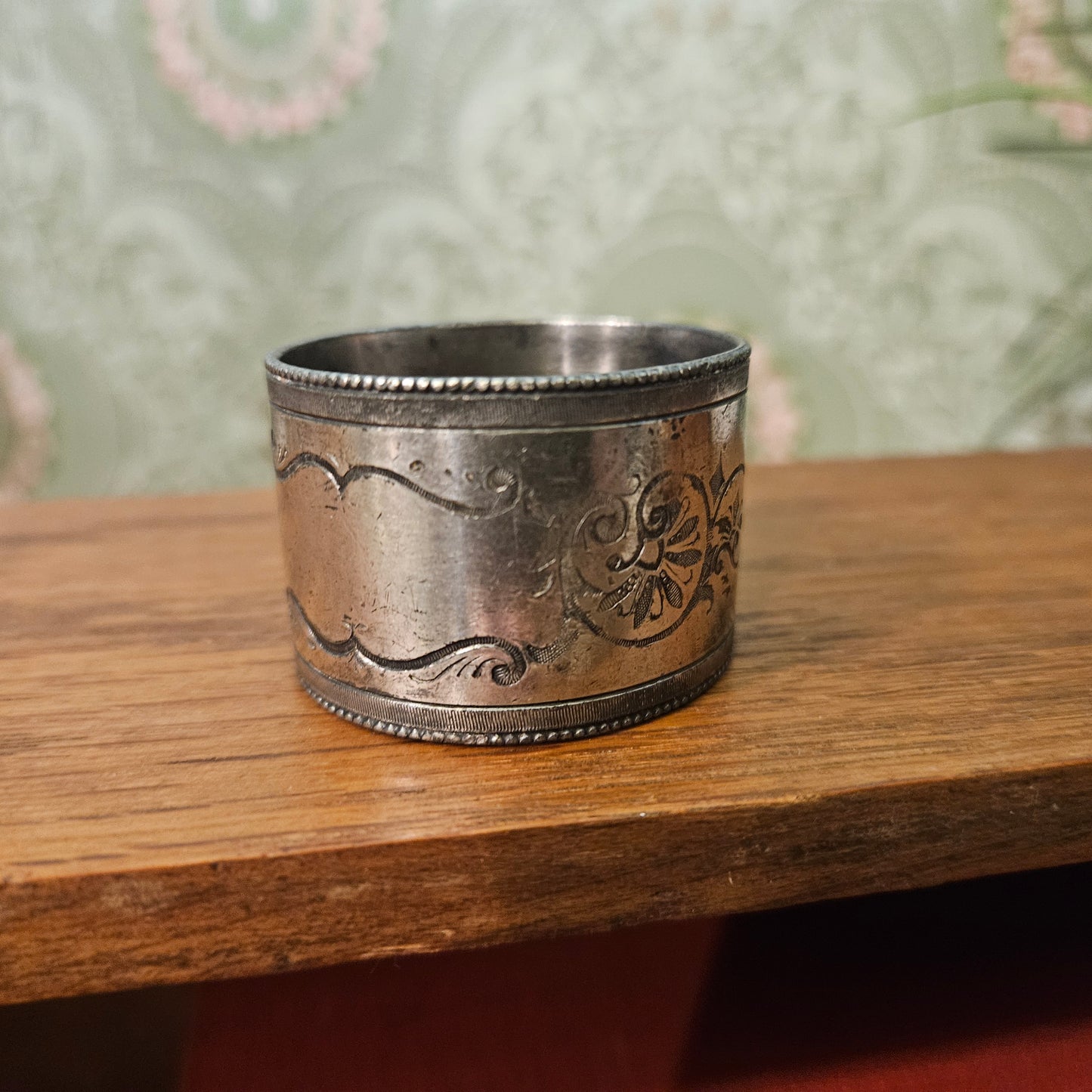 Engraved Floral Beaded Silver-Tone Napkin Ring