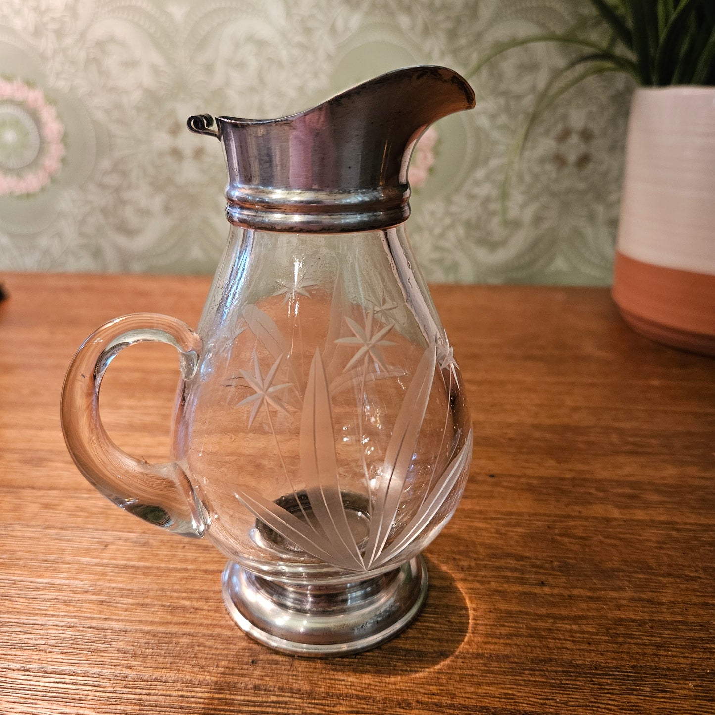 Sterling Silver Mounted Etched Glass Cream Pitcher