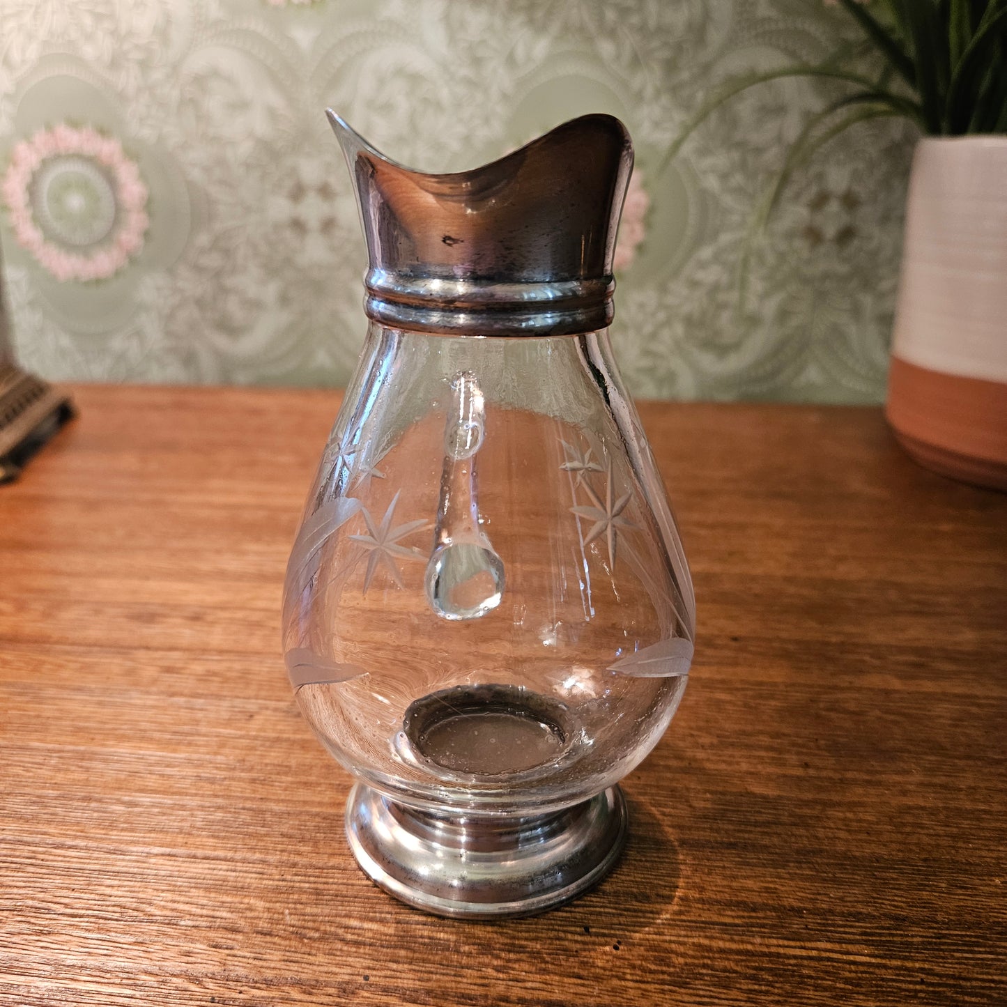 Sterling Silver Mounted Etched Glass Cream Pitcher