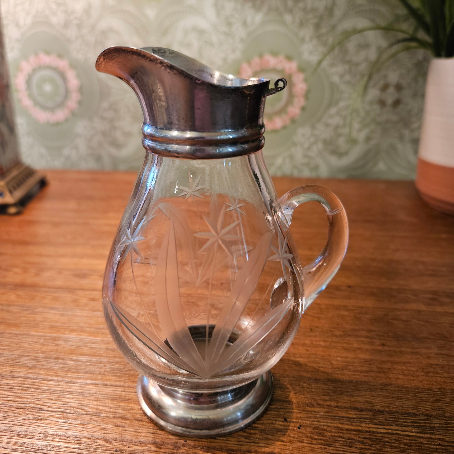 Sterling Silver Mounted Etched Glass Cream Pitcher