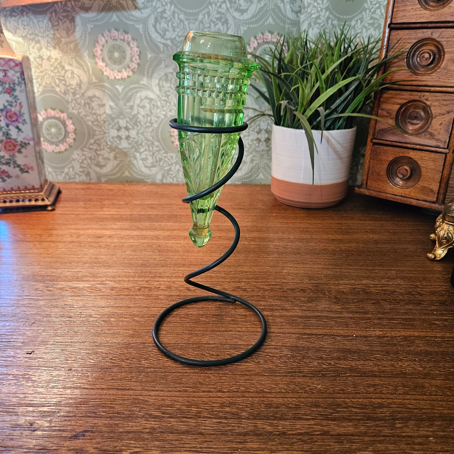 Vintage Uranium Glass Automobile Car Vase with Stand
