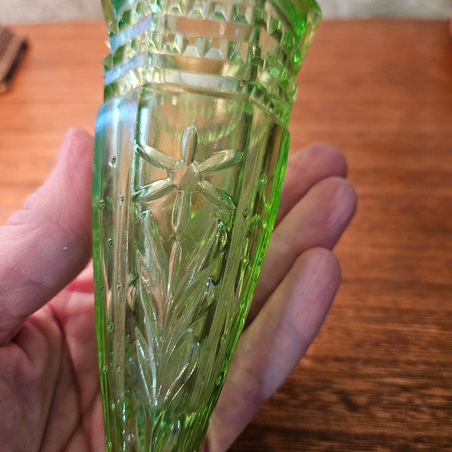 Vintage Uranium Glass Automobile Car Vase with Stand