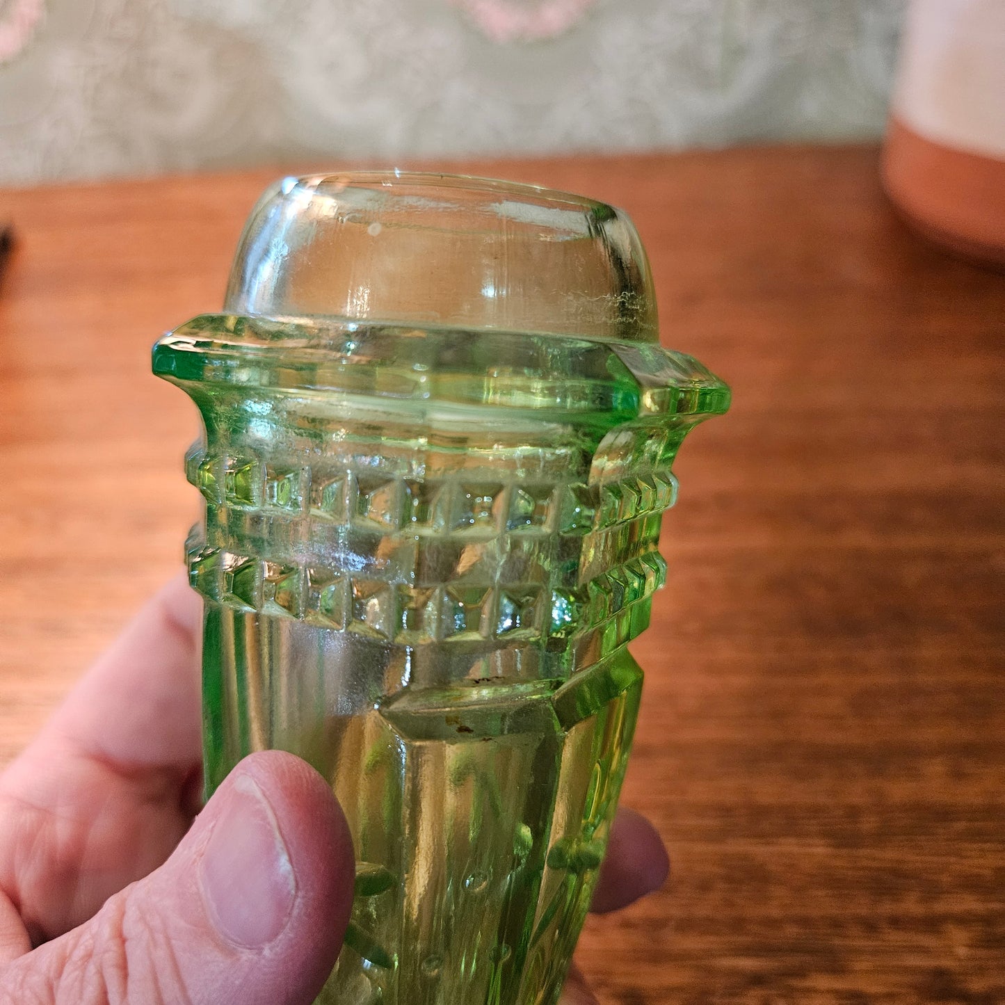 Vintage Uranium Glass Automobile Car Vase with Stand