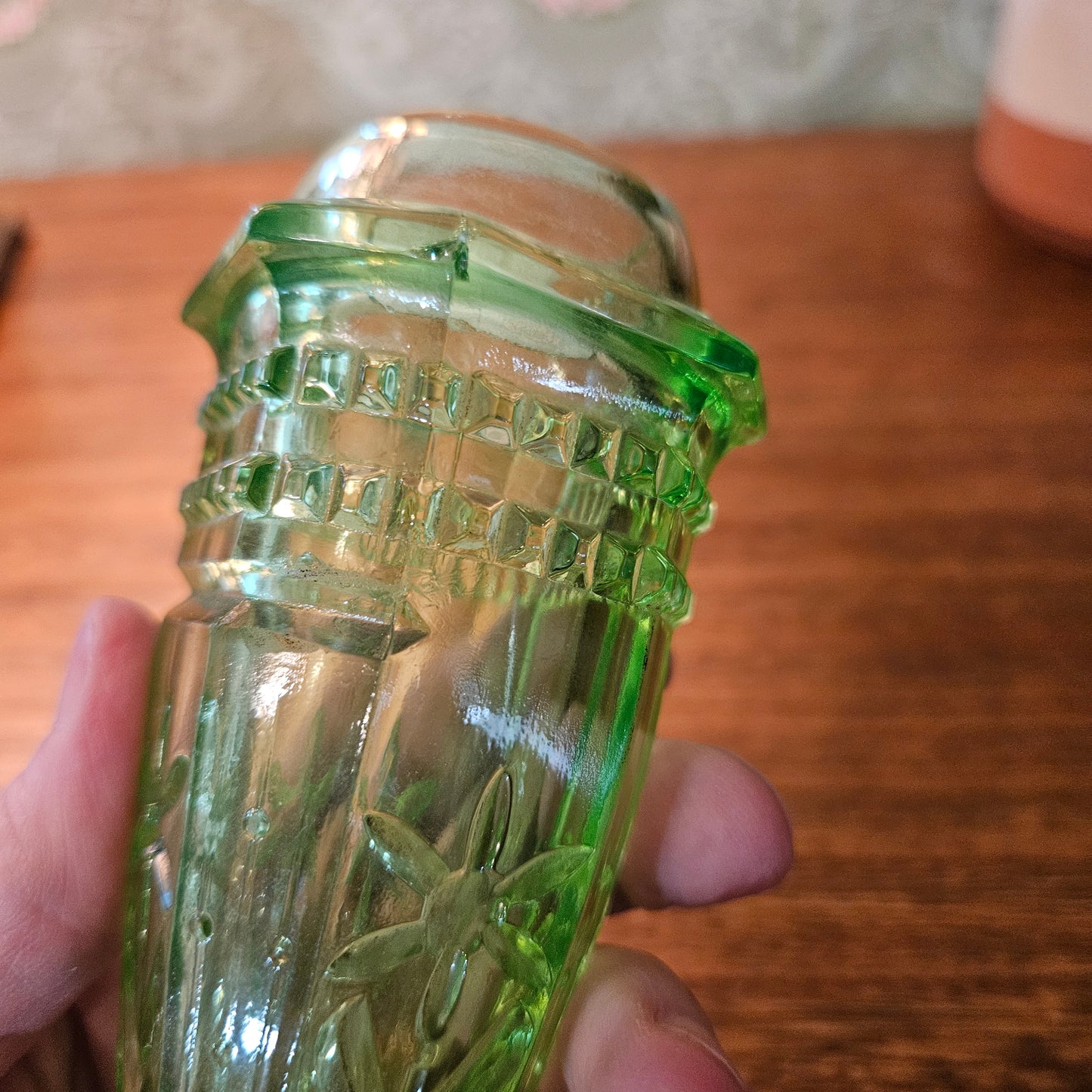 Vintage Uranium Glass Automobile Car Vase with Stand