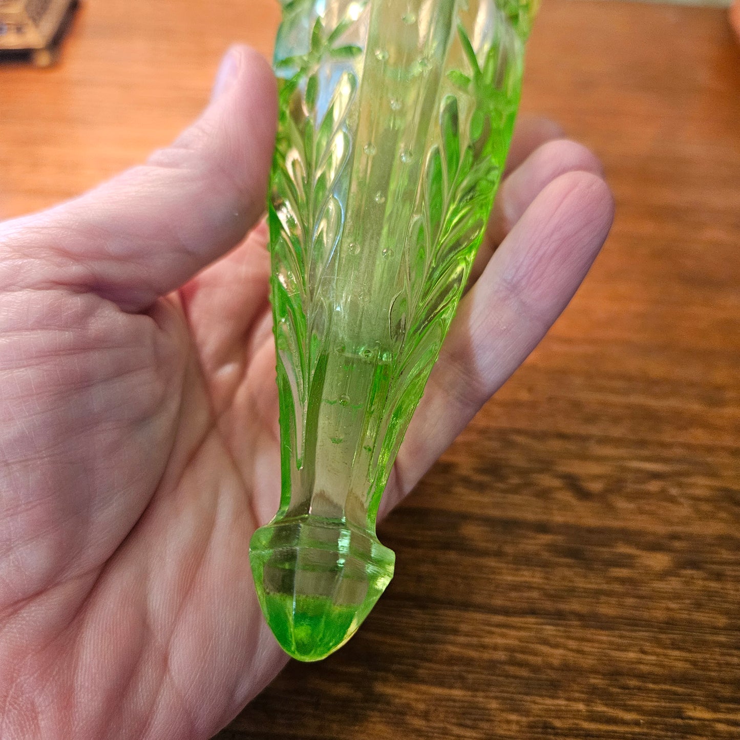 Vintage Uranium Glass Automobile Car Vase with Stand