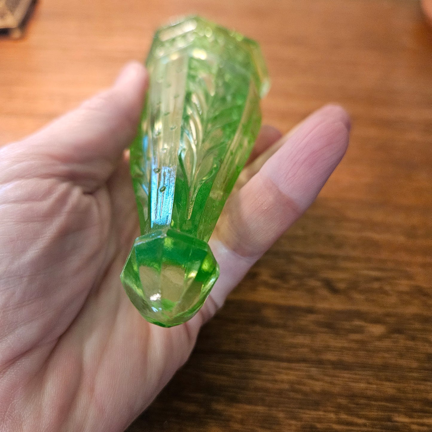 Vintage Uranium Glass Automobile Car Vase with Stand