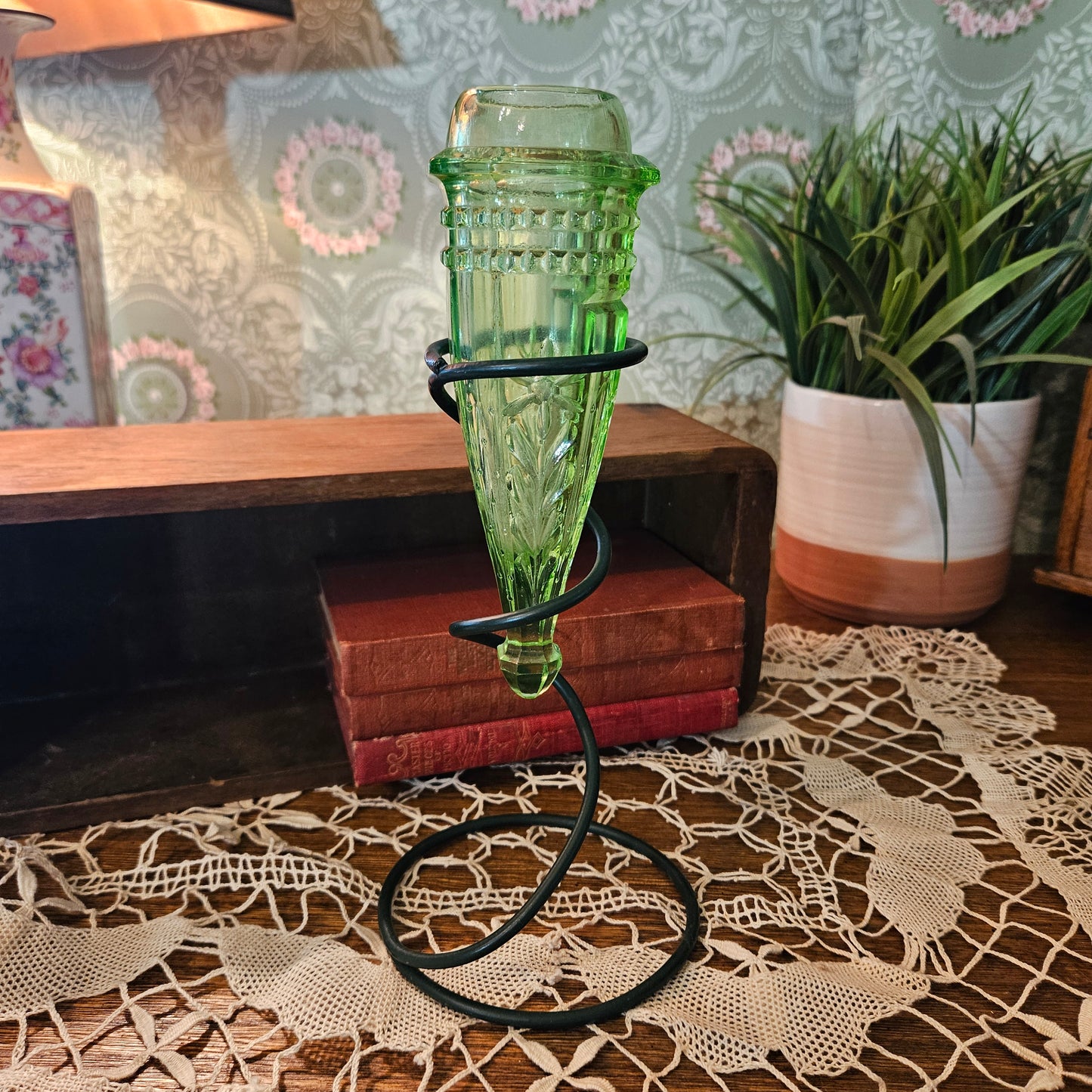 Vintage Uranium Glass Automobile Car Vase with Stand