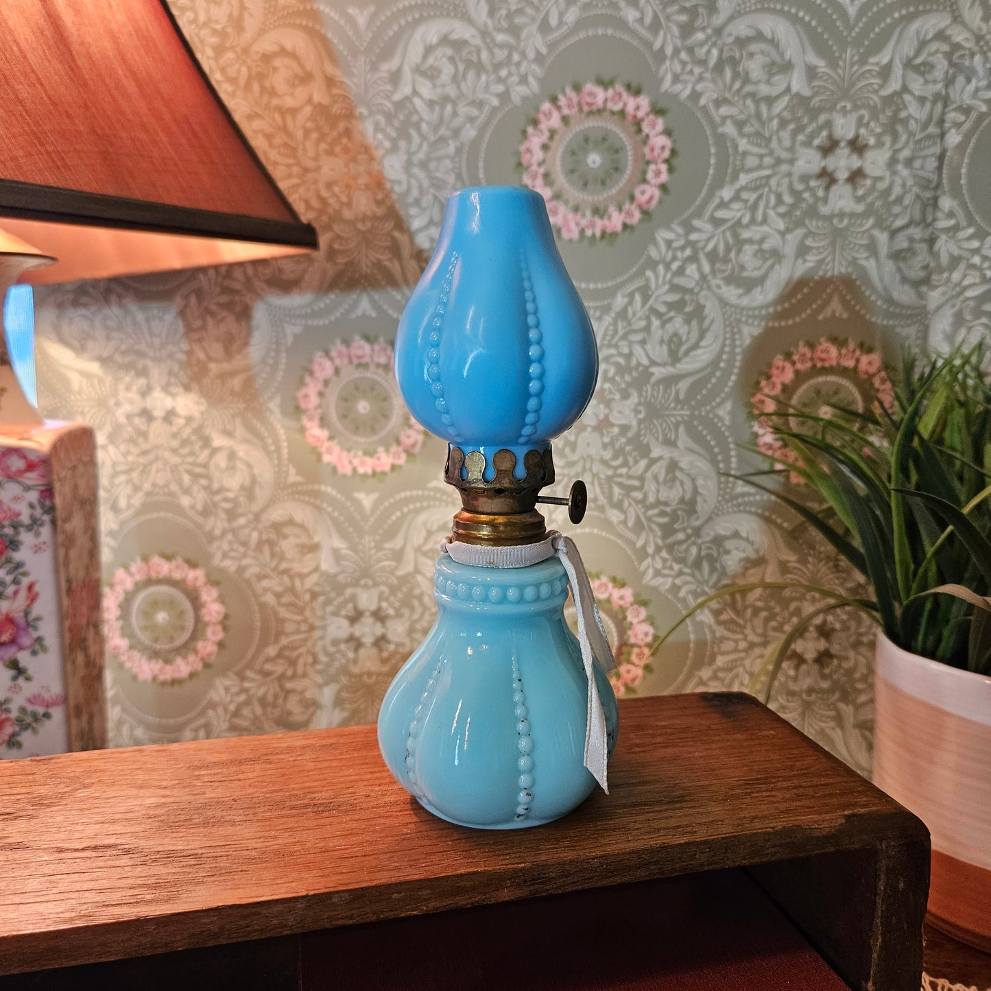 Vintage Blue Milk Glass Miniature Oil Lamp