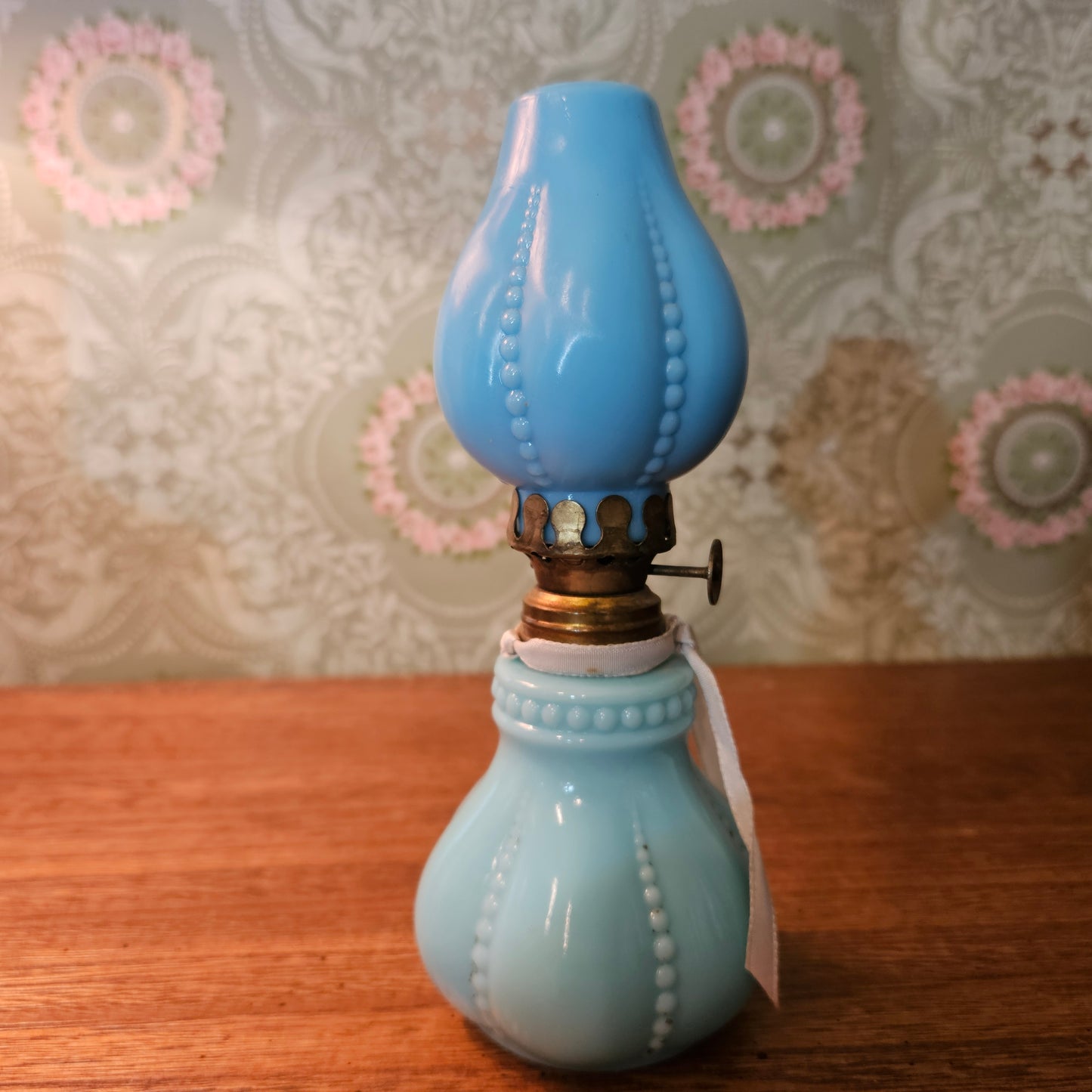 Vintage Blue Milk Glass Miniature Oil Lamp