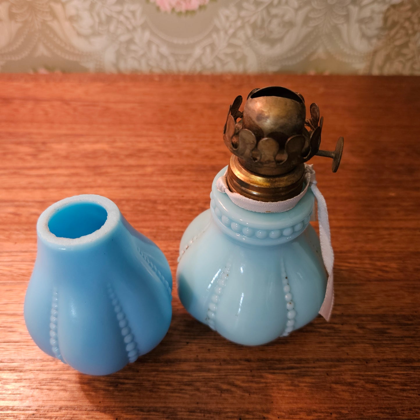 Vintage Blue Milk Glass Miniature Oil Lamp