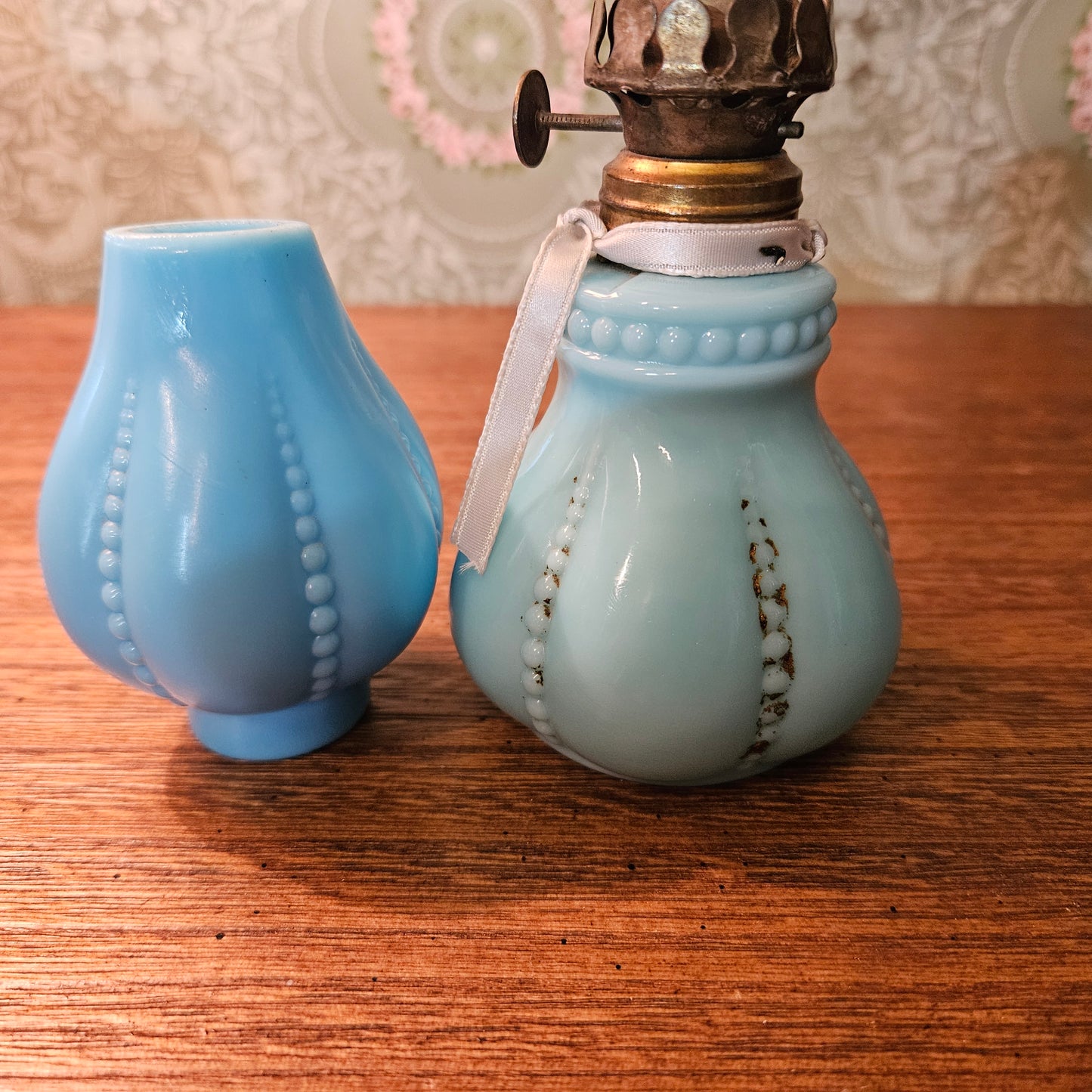 Vintage Blue Milk Glass Miniature Oil Lamp