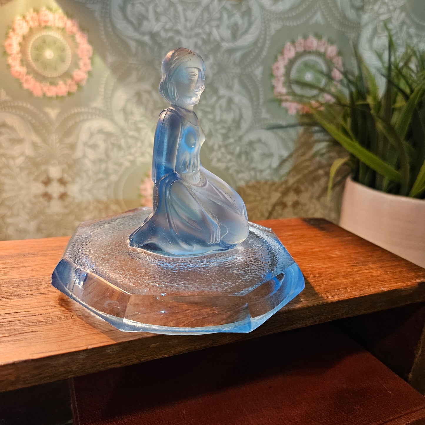 Blue Glass Seated Lady Powder Jar Lid