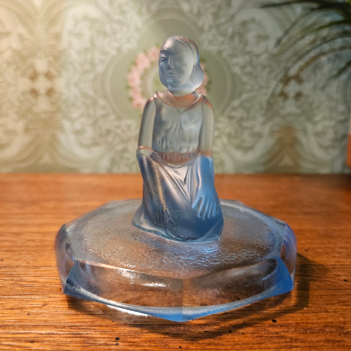 Blue Glass Seated Lady Powder Jar Lid