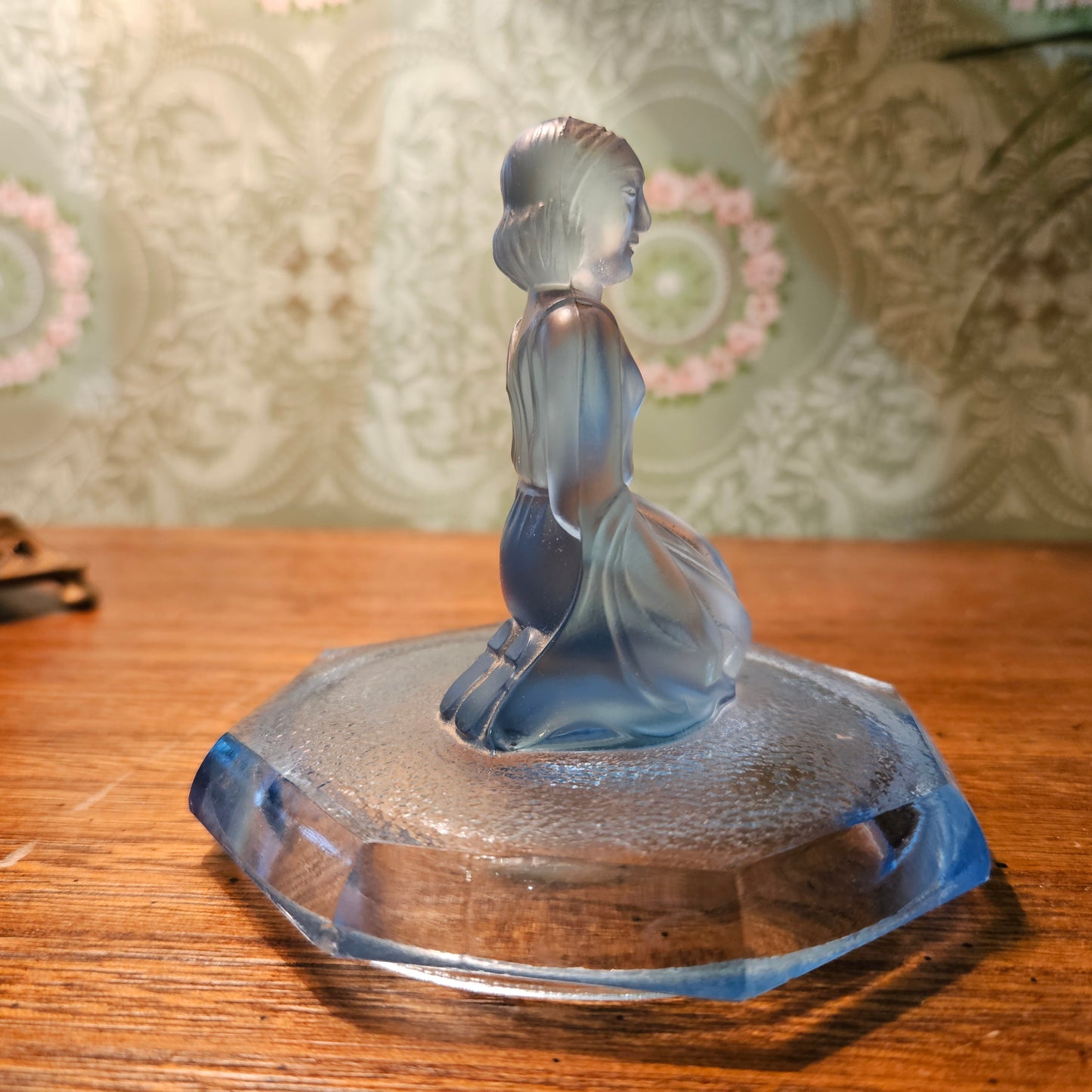 Blue Glass Seated Lady Powder Jar Lid