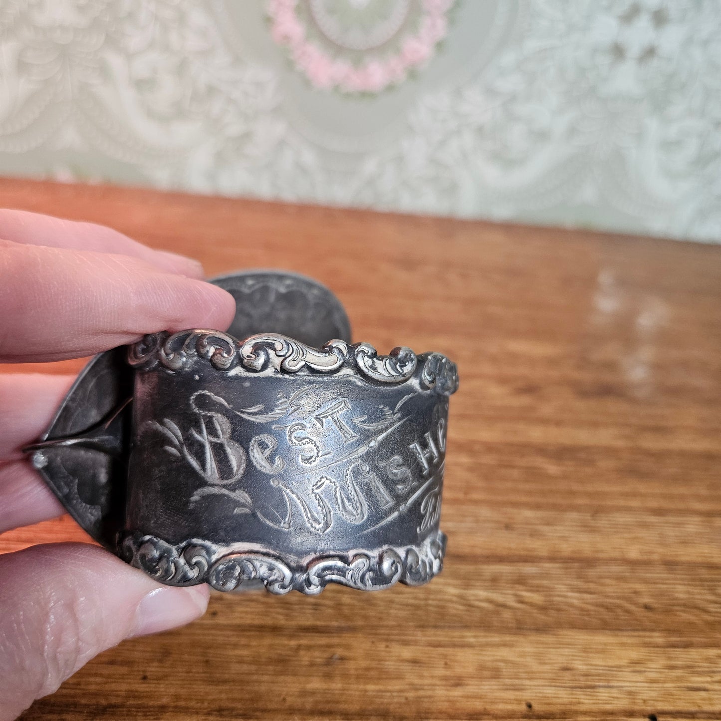 Antique Best Wishes Cherub Figural Napkin Ring