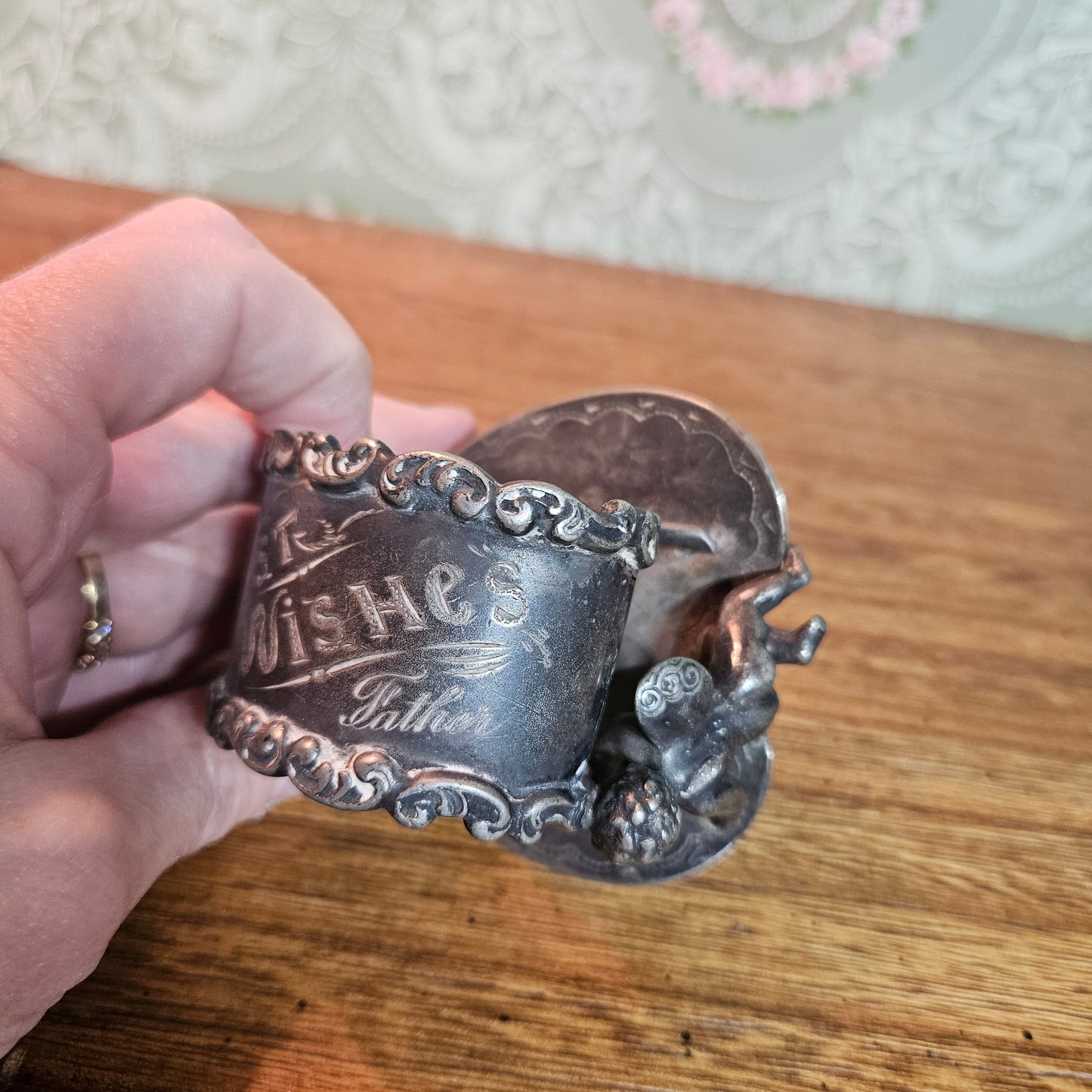 Antique Best Wishes Cherub Figural Napkin Ring