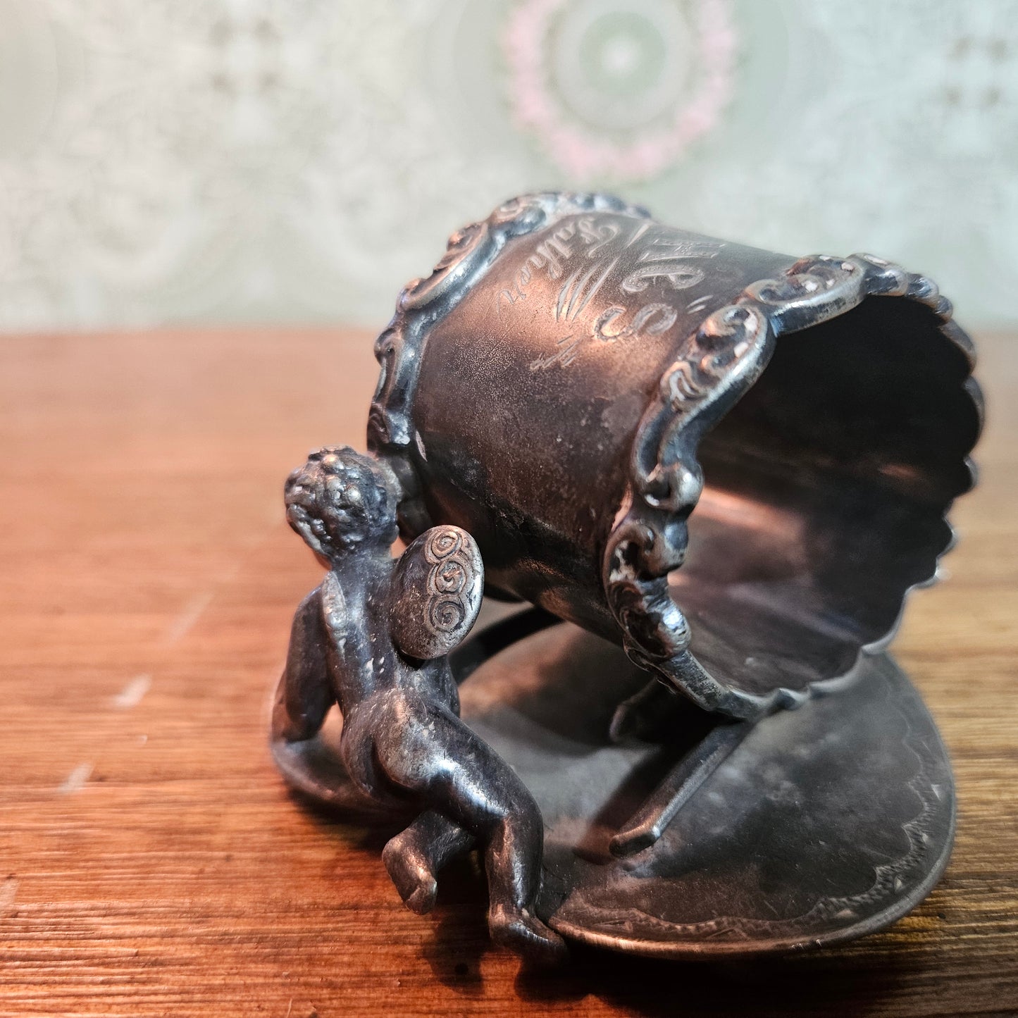 Antique Best Wishes Cherub Figural Napkin Ring