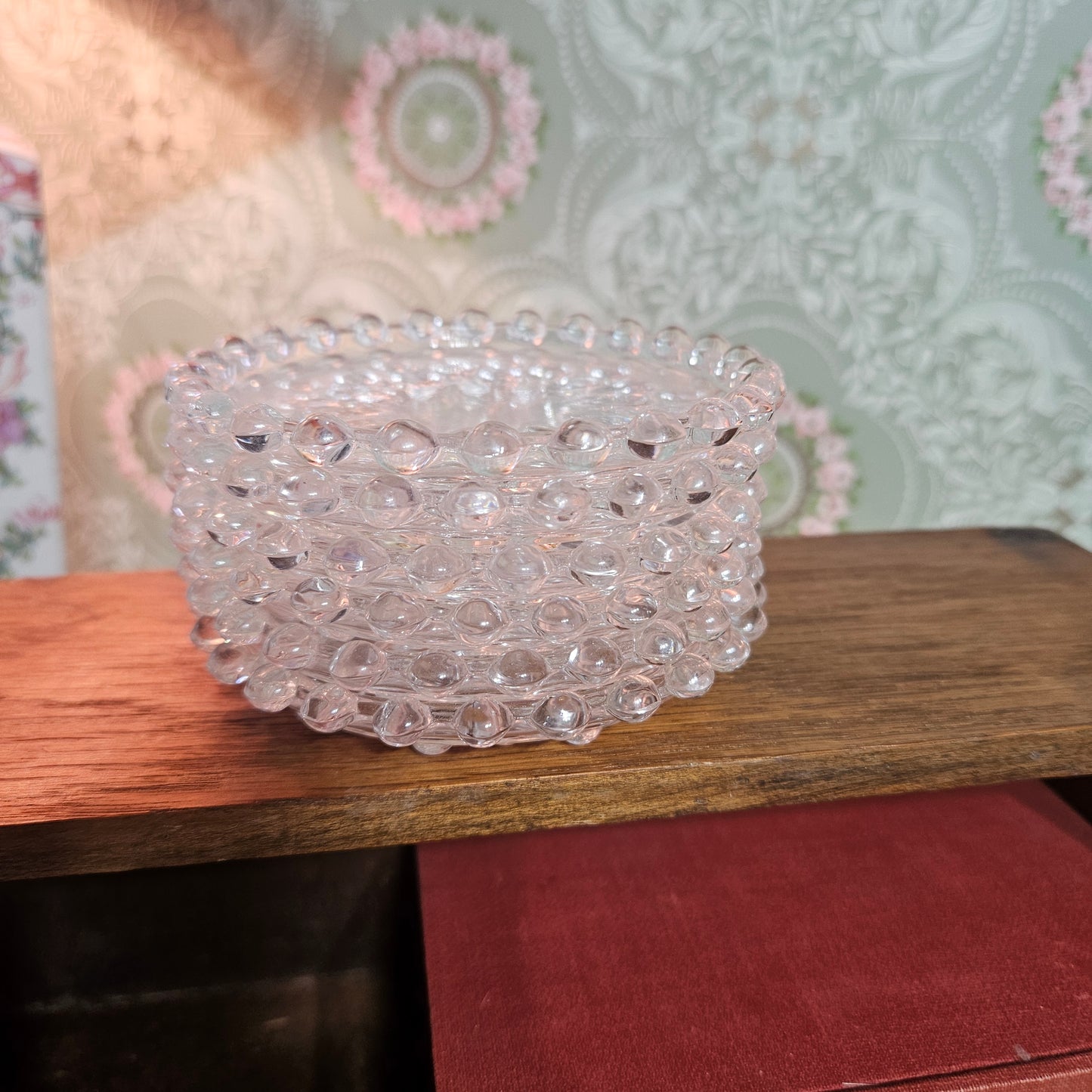 Set of 6 Vintage Clear Glass Bubble Rim Coasters