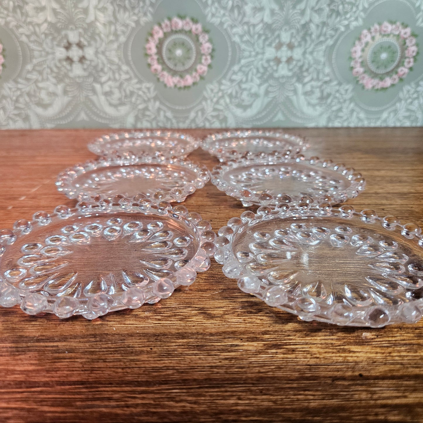 Set of 6 Vintage Clear Glass Bubble Rim Coasters