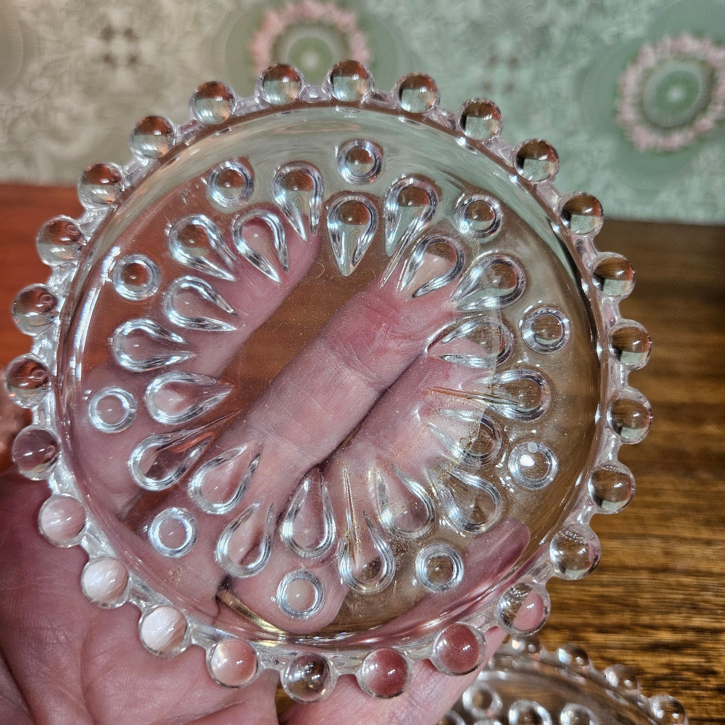 Set of 6 Vintage Clear Glass Bubble Rim Coasters