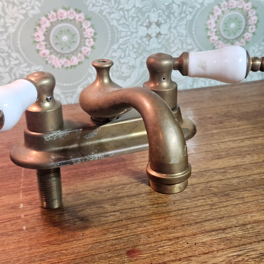Vintage Brass Bathtub Faucet with Porcelain Handles