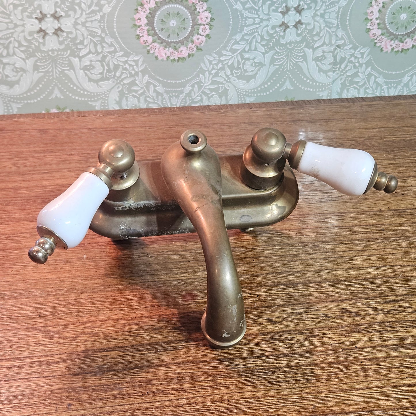 Vintage Brass Bathtub Faucet with Porcelain Handles