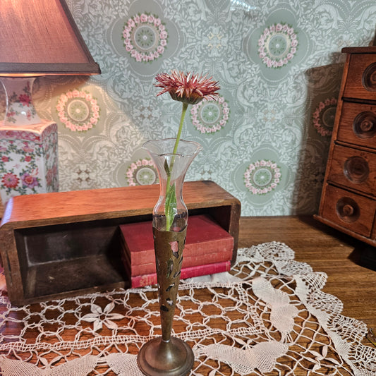 Vintage Brass Pierced Sleeve Glass Bud Vase
