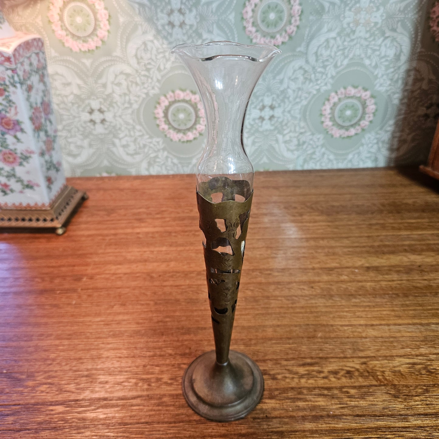 Vintage Brass Pierced Sleeve Glass Bud Vase