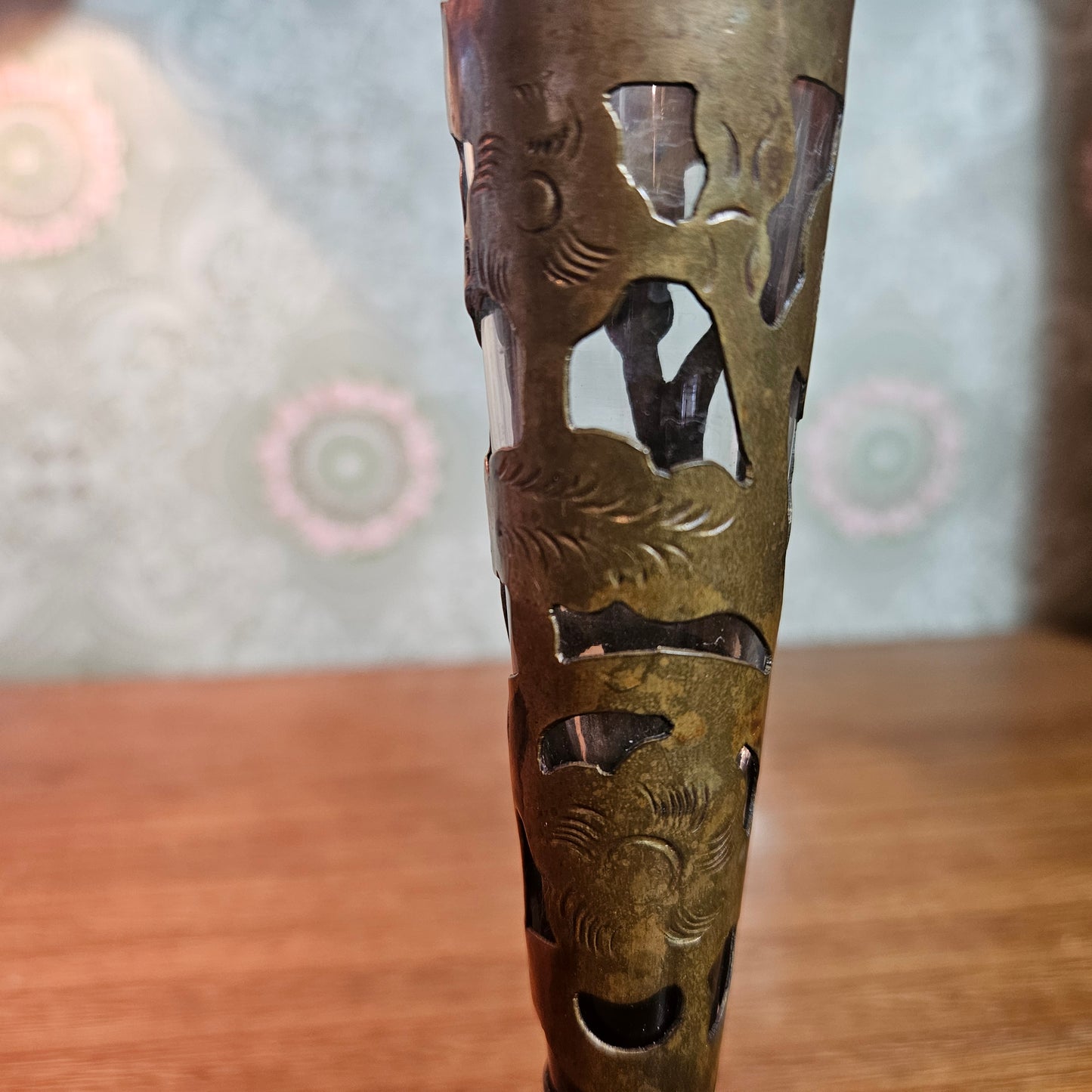 Vintage Brass Pierced Sleeve Glass Bud Vase