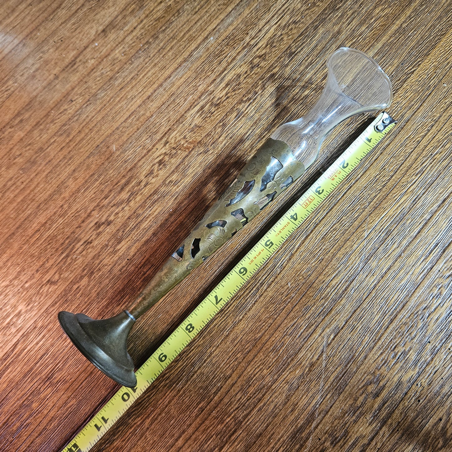Vintage Brass Pierced Sleeve Glass Bud Vase