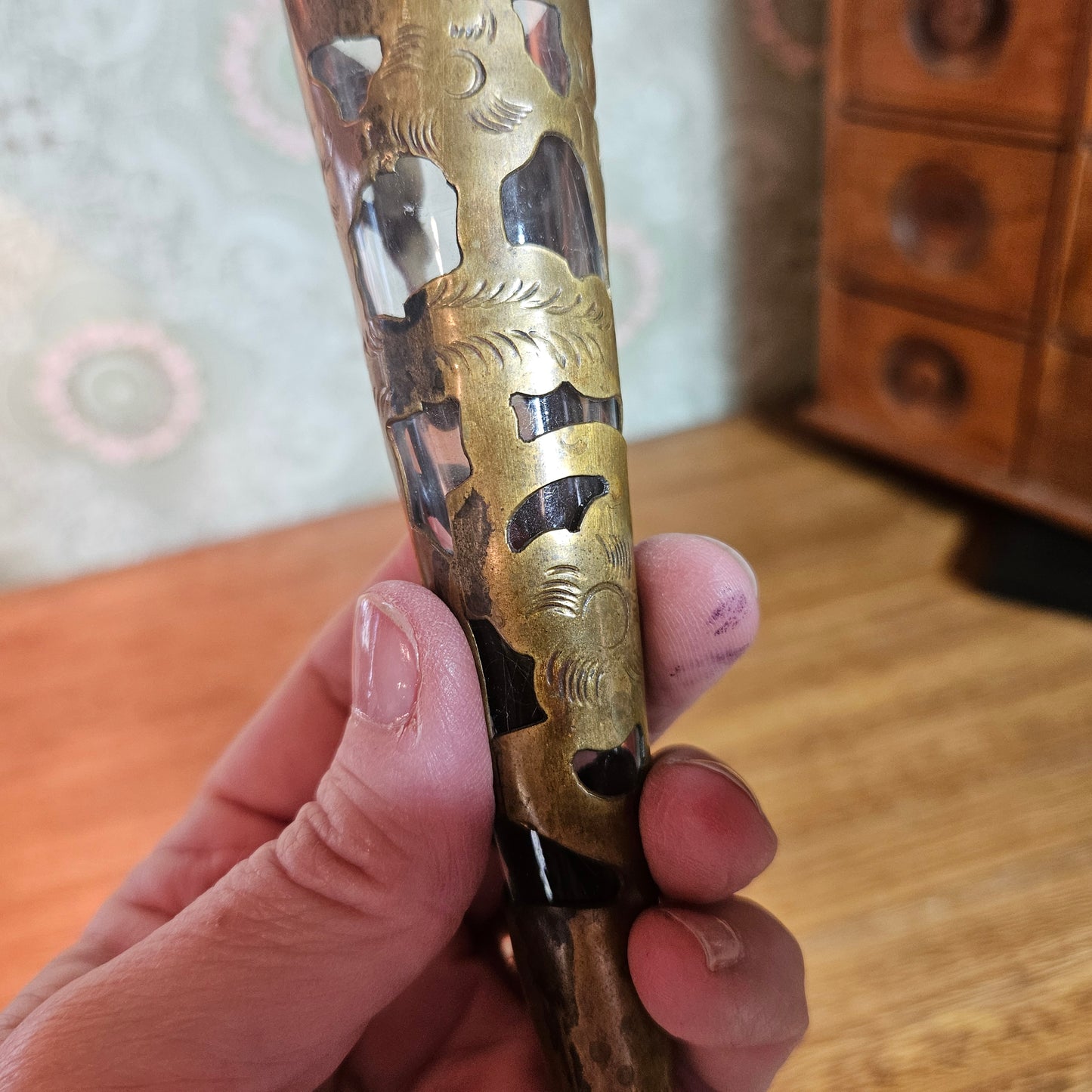 Vintage Brass Pierced Sleeve Glass Bud Vase