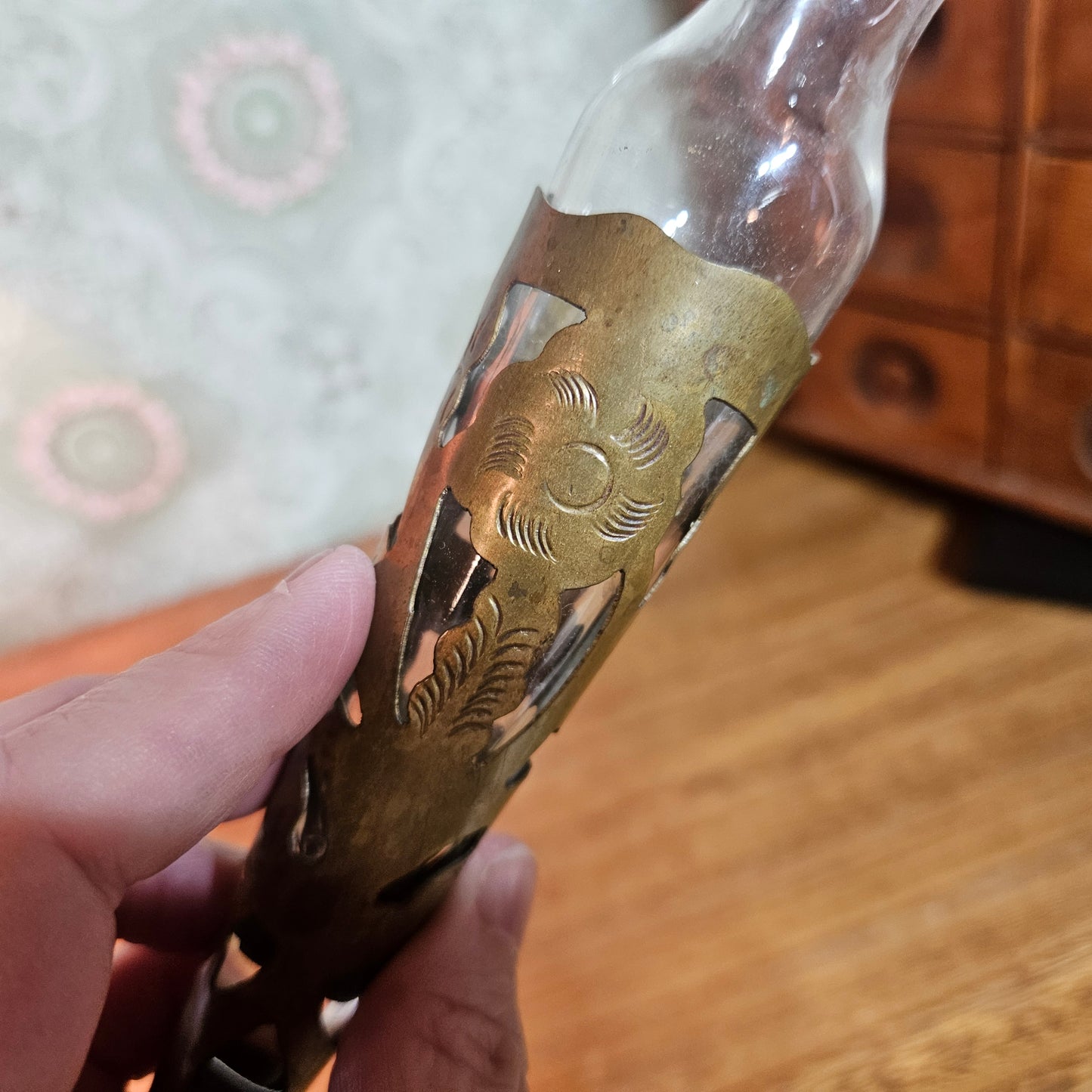 Vintage Brass Pierced Sleeve Glass Bud Vase