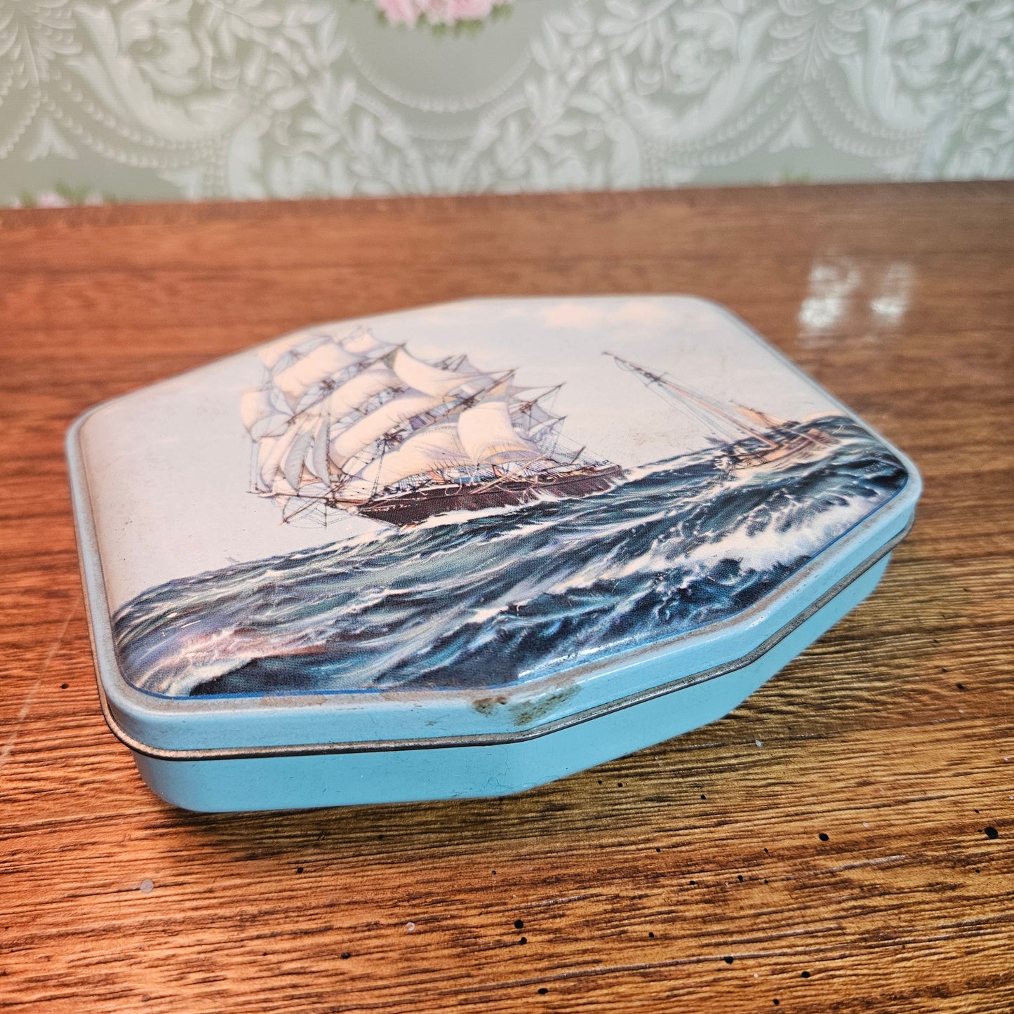 Vintage Horner Blue Sailing Ship Toffee Tin